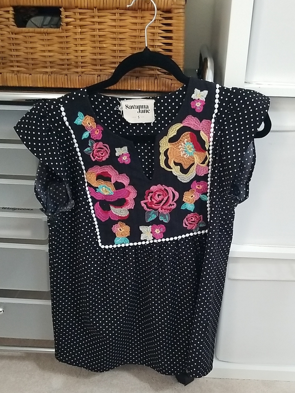 Savanna Jane Black Polka Top with Floral Embroidery